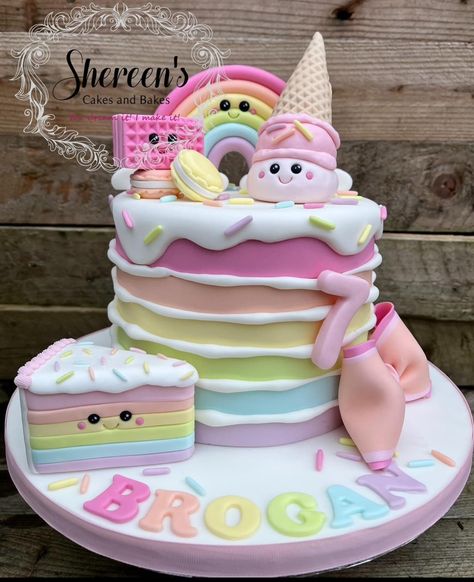 Ice Cream Rainbow Cake, Kawaii Birthday Cake, Cake With Bow, Cake With Ice Cream, Ice Cream Rainbow, Kawaii Cake, Pastel Rainbow Cake, Rainbow Kawaii, Kawaii Birthday