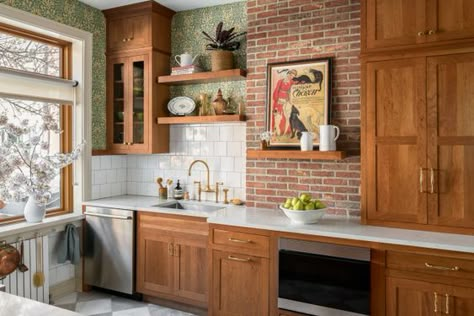 Kitchens - Traditional - Kitchen - London - by Mylands | Houzz Natural Wood Moody Kitchen, Wood Kitchen Tile Floor, Colorful Kitchen With Wood Cabinets, Traditional Craftsman Kitchen, Craftsman Galley Kitchen, Warm Tone Kitchen, Kitchen With Exposed Brick, Wood Cabinet Kitchen, Craftsman Kitchen Cabinets