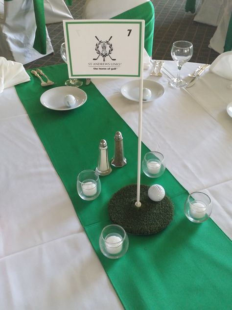 Golf themed wedding at Idlewild Country Club in Flossmoor, IL Golf Flag/Putting Green Table numbers with names of different country clubs on each. https://www.facebook.com/IdlewildCountryClub Golf Flag Table Numbers, Country Club Party Ideas, Country Club Party Theme, Country Club Theme Party, Wedding Themes Green, Caddyshack Party, Golf Themed Wedding, Golf Couple, Green Table Numbers