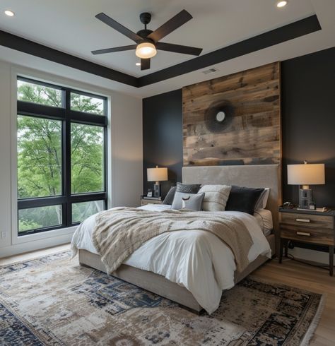 Log Cabin Interior Modern Master Bedrooms, Rustic Modern Guest Bedroom, Large Master Bedrooms Decor Modern, Rustic Elegant Bedroom Master Suite, Double Wide Bedroom Ideas, Interior Design Master Room, Bedroom Design Accent Wall, Modern Farmhouse Bedroom Decor Ideas, Open Concept Bedroom