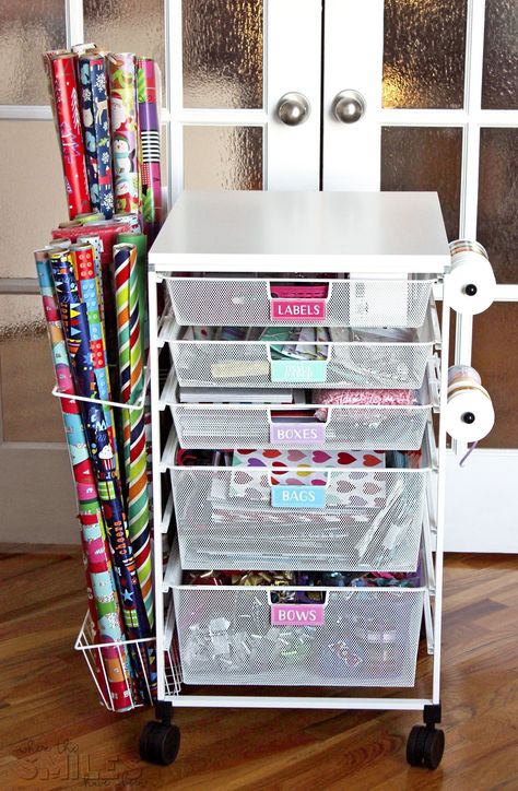 Gift Wrap Organizer Cart with Colorful DIY Drawer Labels Gift Wrap Organizer, Gift Bag Storage, Wrapping Paper Organization, Gift Wrap Organization, Gift Wrapping Station, Wrapping Paper Storage, Gift Wrap Storage, Wrapping Station, Organization Cart