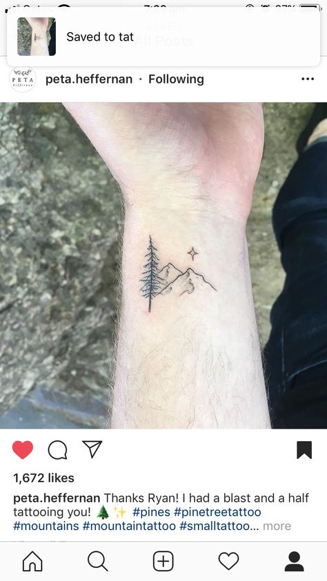 Pinetree Mountain Tattoo, Evergreen Mountain Tattoo, Mountains With Trees Tattoo, Mountains And Pine Trees Tattoo, Small Mountain And Tree Tattoo, Yellowstone Mountain Tattoo, Mountain Tree Water Tattoo, Pine Tree Wrist Tattoo, Mountain Pine Tree Tattoo