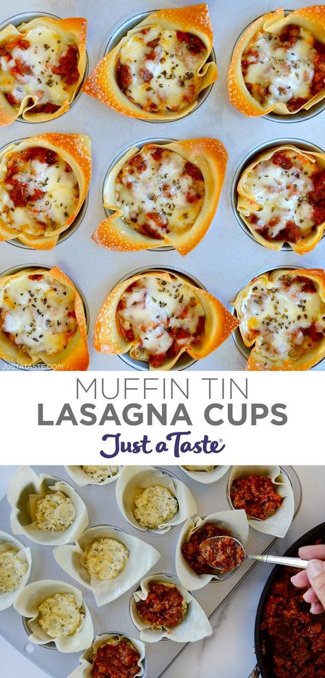 Top image: A top-down view of lasagna cups in a muffin tin. Bottom image: A hand holding a spoon containing lasagna sauce adds sauce atop wonton cups containing a cheese mixture. Pepperoni Lasagna Cups, Easy Lasagna Cups, Muffin Tin Recipes Appetizers, Lasagna Noodle Appetizers, Muffin Tin Lasagna, Lasagna Roll Ups In Muffin Tin, Lasagna Appetizer Appetizers, Bolognese Lasagna Bites, Lasagna Stuffed Shells In Muffin Pan