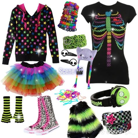 Scean Kid Outfits, Neon Scene Outfits, Rainbow Scene Outfit, Scene Kid Clothes, Scenekid Outfits, Scenecore Fashion, Scenecore Clothes, Scenecore Outfit, Emo Myspace