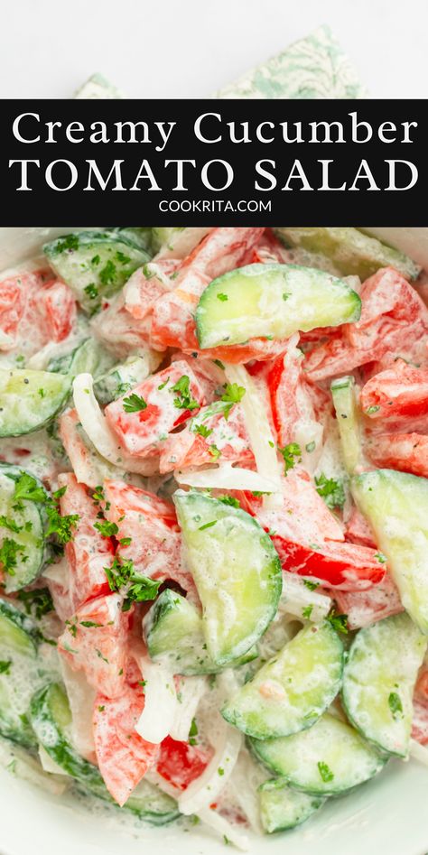 Quick & Creamy Cucumber Salad for Summer Creamy Tomato And Cucumber Salad, Bacon Cucumber Tomato Salad, Cucumber Salad Tomato, Cucumber Tomatoes Salad, Cucumber Feta Tomato Salad, Cucumber Tomato Salad Vinegar, Cucumber Tomato Salad Recipes, Tomatoe Cucumber Salad, Crab And Cucumber Salad