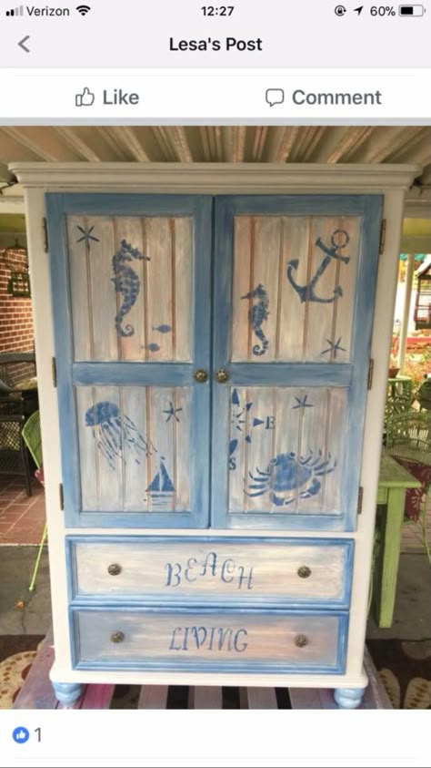 Beach Furniture Ideas Diy Projects, Diy Beach Furniture, Beachy Furniture Makeovers, Beach Painted Furniture, Nautical Furniture Diy, Beach Themed Furniture, Beachy Furniture, Florida Home Decorating, Decor Marin