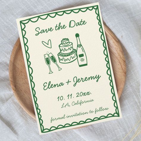 Hand Illustrated Vintage Colorful Green Wedding Green Wedding Save The Date, Simple Wedding Ceremony, Diner Ideas, Blue Gold Wedding, 21 Diner, Free Wedding Invitation Templates, Free Wedding Invitations, Wedding Elements, Green Wedding Invitations