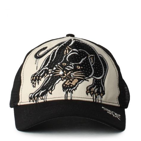 This throwback Ed Hardy trucker hat features an embroidered front with iconic rhinestone embellishment. Including a mesh snap back and all over print under curved brim. Finished with our signature trims. Ed Hardy Panther, Ed Hardy Hat, Ed Hardy Logo, White Dad Hat, Panther Design, Truck Images, Pants Accessories, Black Snapback, Hat For Man