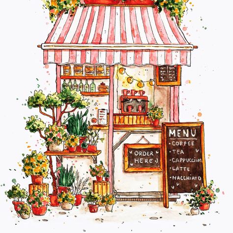 Una / illustrator on Instagram: “The last original drawing before the big opening(which now will be on sunday :D yeah life happens) This one i did digitally before, but…” Flower Stand Drawing, Cafe Sketch Drawing, Watercolor Storefronts, Cafe In London, Watercolor House Painting, Japanese Drawings, Building Illustration, Pastel Sec, Shop Illustration