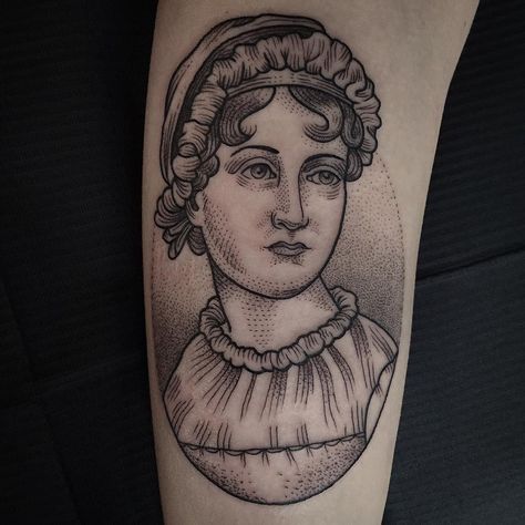 Jane Austen for a very sweet girl from Denmark. Thank you Anne! 😘 Austen Tattoo, Jane Austen Tattoo, Literary Tattoos, Elizabeth Gaskell, Jane Austen Quotes, Dotwork Tattoo, Bee Sting, Regency Fashion, Charlotte Bronte