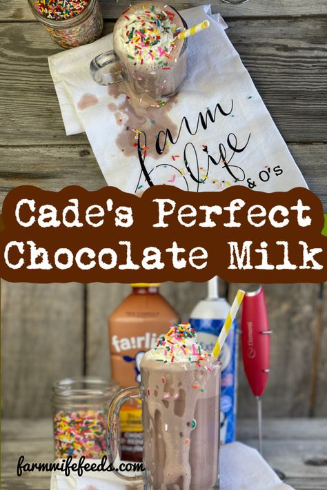 Cade's Perfect Chocolate Milk, Fairlife Chocolate Milk is frothed then topped with whipped cream and sprinkles. A sweet filling snack with a protein packed milk that is delicious and healthy. #milk #chocolate #fairlife Fairlife Chocolate Milk, Thm Chocolate, Easy Snacks For Kids, Healthy Milk, Filling Snacks, I Love Chocolate, Milk Protein, Protein Pack, Love Chocolate