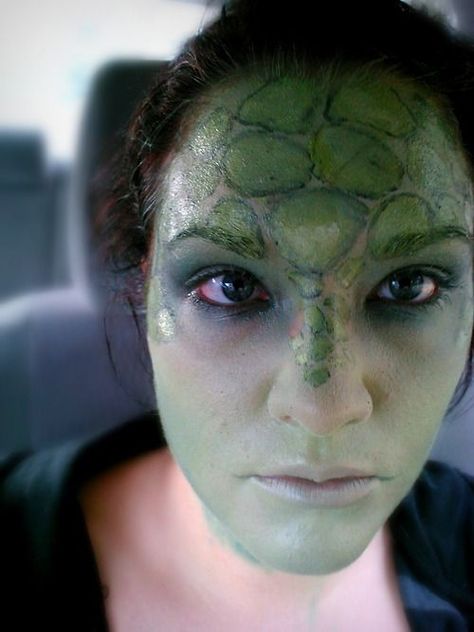 Turtle make up Reptile Makeup, Turtle Makeup, Musical Makeup, Lizard Costume, Seussical Costumes, Theater Makeup, Alice In Wonderland Makeup, Wonderland Makeup, Megan Brown