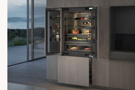 The new generation of cooling | Gaggenau Wall Concept, Gaggenau Appliances, Espresso Kitchen Cabinets, Glass Shelving, Espresso Kitchen, Anodised Aluminium, Custom Kitchens, Luxury Kitchen Design, Milan Design Week