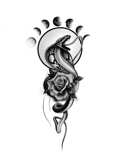 Black And White Tattoo With Color Accent, Minimal Neck Tattoo Men, Snake Tattoo Design Realistic, Snake And Rose Tattoo Design, Snake And Rose Tattoo Design For Women, Cobra And Rose Tattoo, Rose And Snake Tattoo Design, Black Snake And Flower Tattoo Design, King Cobra Tattoo