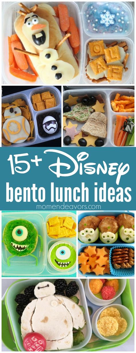 15+ Disney Bento Lunch Ideas - adorable lunches inspired from Frozen, Star Wars, Monsters Inc, Toy Story, and more Disney favorites! Perfect for a creative back-to-school lunch surprise! Bento Lunch Ideas, Fun Kid Lunch, Bento Box Lunch For Kids, Kindergarten Lunch, Ideas Lunch, Toddler Lunches, Healthy School Lunches, Fun Lunch, Kids Lunchbox