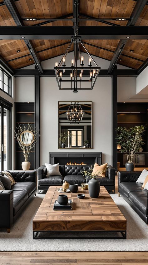 Industrial Farmhouse Living Room Feminine Industrial Living Room, Country Industrial Home, Rustic Industrial Fireplace, Edgy Farmhouse Decor, Organic Modern Industrial Decor, Industrial Farmhouse Living Room Ideas, Industrial Farmhouse Decor Ideas, Modern Industrial Decor Living Room, Industrial Transitional Living Room