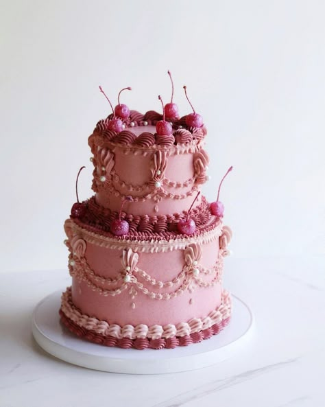 Florella (@florella_za) • Instagram photos and videos Feminine Cakes Birthday, Old Cake Design, Vintage Birthday Cake Aesthetic, Pink Cake Ideas, Pink Vintage Cake, Marie Antoinette Cake, Birthday Aesthetics, French Cakes, Hot Pink Cakes