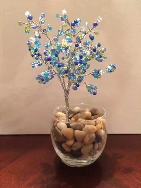 Glass bead tree in blues Sculpted by Julia Mullen Quilled Tree, Bead Trees, Beads Sewing, Bead Tree, Beaded Ornament Covers, Wire Ornaments, Twisted Tree, Wire Tree Sculpture, Wire Trees