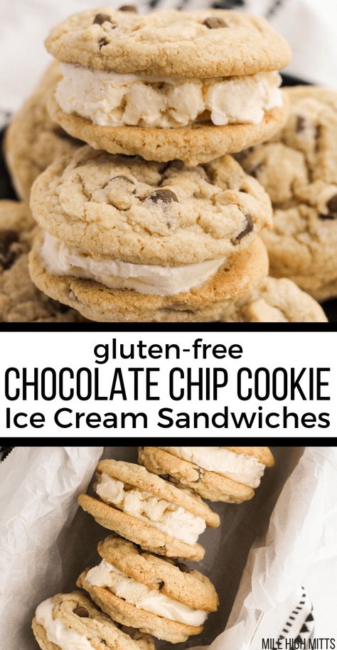 Fun, and surprisingly easy, homemade gluten-free Chocolate Chip Cookie Ice Cream Sandwiches! Start with my gluten-free Chocolate Chip Cookie recipe, and fill your cookies with vanilla ice cream, with a few hacks from me for the perfect Ice Cream Sandwiches. A DIY ice cream treat you can make for a Birthday party dessert for kids or just a fun Summer treat for everyone! Gluten Free Ice Cream Sandwich, Dessert For Kids, Cookie Ice Cream Sandwiches, Cookie Ice Cream, Gluten Free Ice Cream, Gluten Free Cookie Recipes, Gluten Free Chocolate Chip Cookies, Ice Cream Cookie Sandwich, Gluten Free Chocolate Chip