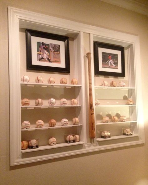 Collection of baseball memories gathered by my boys Alex and Zack!!! Shelves built by my sweet father in law. We are a baseball family no doubt. ⚾️❤️ Upstairs Tv Room, Baseball Shelf, Baseball Theme Room, Baseball Diy, Baseball Family, Love My Son, No Crying In Baseball, No Crying, Baseball Photos