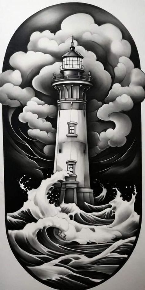 Ship And Waves Tattoo, Lighthouse And Waves Tattoo, Wave Tattoo Realistic, Lighthouse Waves Tattoo, Ocean Waves Tattoo Design, Japanese Waves Tattoo Design, Light House Tattoo Design, Lighthouse Tattoo Stencil, Light House Drawing Sketches