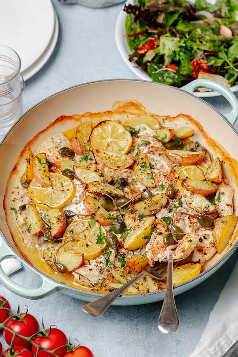 Fish With Potatoes Oven Baked, Fish With Potatoes, Capers Recipe, Lemon Caper Sauce, Small Potato, Crispy Potatoes, Green Olives, Sliced Potatoes, Fish Fillet