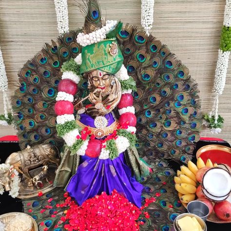 #krishna janmashtami decorations, #krishna, #peacock decorations, #God draping, #decorations, #back stage. #Silk lovers, #stage decorations Back Stage, Krishna Janmashtami, Stage Decorations, Krishna, Silk