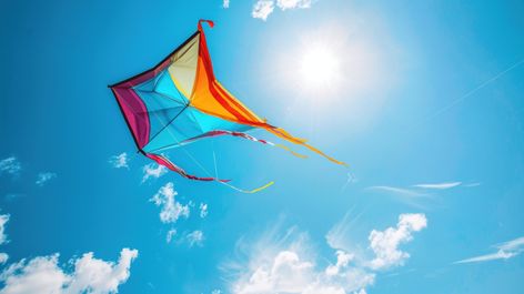 colorful kite with blue sky background Kite Background, Background Sky Blue, Graphics Resources, Background Sky, Blue Sky Background, Ad Background, Sky Background, Vector Graphics, Background Images