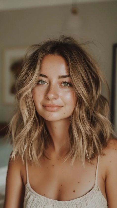 A young woman with shoulder-length wavy hair smiling softly. Brown Root Hair Ideas, Rooted Dimensional Bronde, Short Hair Auburn Balayage, Auburn Hair With Gray Highlights, Bayalage Brunette Caramel Honey Short, Dark Brown To Medium Brown Balayage, Honey Toned Highlights, Honey Blonde Balayage On Dark Brown Hair, Blonde Hair With Dark Undertones