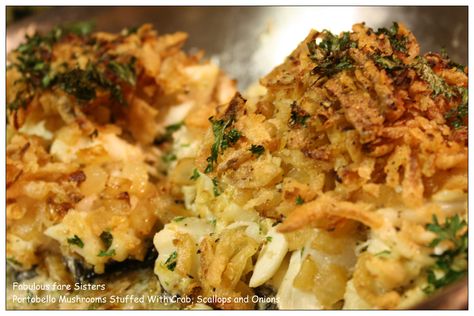 Portobello Mushrooms Stuffed With Crab, Scallops and Onions Portobello Mushrooms Stuffed, Mushrooms Stuffed, Little Candle, Fresh Bread Crumbs, French Fried Onions, Sea Scallops, Portobello Mushroom, My Hubby, Saute Onions