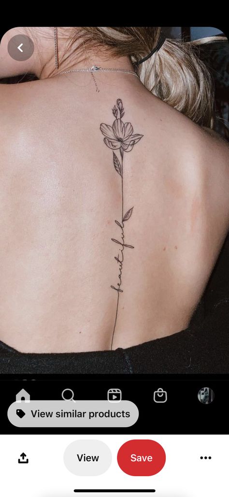 Flower Tattoo Long Stem, Words In Stem Of Flower Tattoo, Flower Tattoo Words As Stem, March Birth Flower Tattoo Spine, Spine Tattoos For Women July Birth Flower, Fineline Flower Spine Tattoo, Long Small Tattoo, Flower And Writing Spine Tattoo, Long Stemmed Flower Tattoo