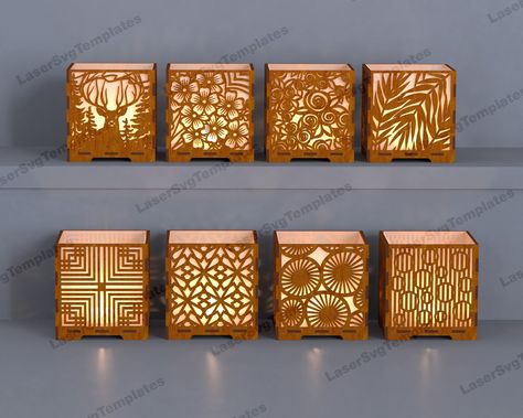 Laser cut candle holder bundle. Includes SVG, Glowforge, CNC, vector, lantern, DXF cut plans. #lasercut #candleholder #glowforge #cnc #vector #lantern . #Glowforge_Table #3d_Business #Laser_Ideas #Wooden_Candle_Holders Metal Laser Cutwork Designs, Laser Ideas, Wooden Candle Holders, Candle Holder Decor, Laser Cut Files, Different Patterns, Autocad, Vector Graphics, Instant Download Etsy