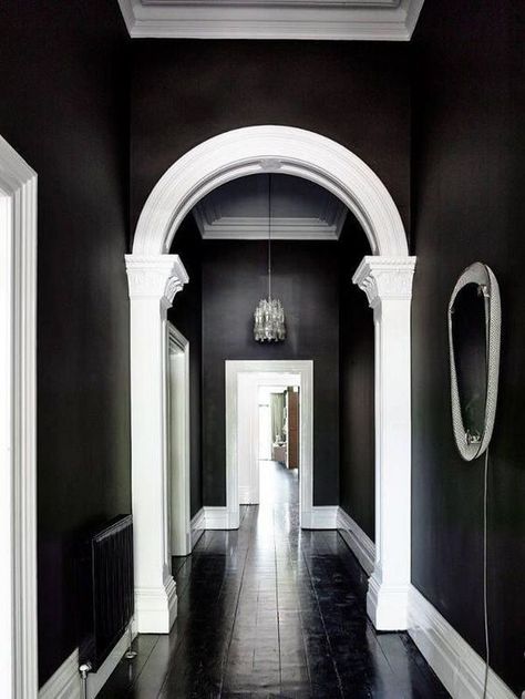 Nov 7, 2019 - Have you ever thought about painting a room in your house black? Maybe a bedroom, bathroom, living, or dining room? We have painted 2 rooms in our home black and I LOVE the moody look it creates. Making the Decision to Paint Walls Black Making the decision to paint a room black is a big… Continue reading → Arched Doorways, Brunswick House, Shelves Design, Shelf Mantle, Black Rooms, Black And White Interior, 카페 인테리어 디자인, Dark Walls, Black And White Decor