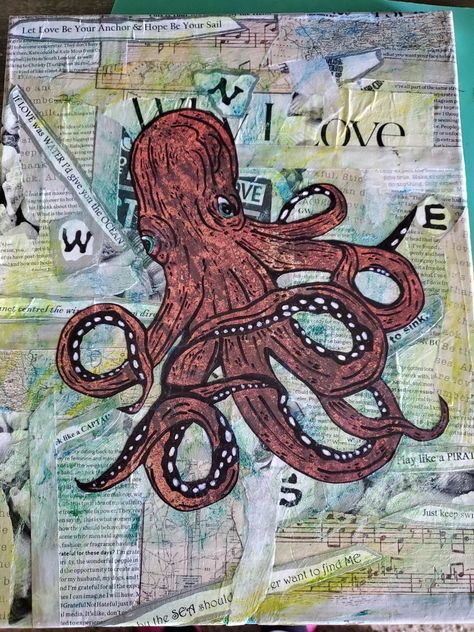 DIY paper collage, mixed media octopus Art Octopus, Collage Mixed Media, Paper Collage, Diy Paper, Medium Art, Collage Art, Octopus, Mixed Media, Humanoid Sketch