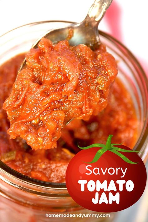 Savory Tomato Jam is thick and delicious. Made with fresh tomatoes and balsamic. #tomatojam #savorytomatojam #tomatopreserves #tomatochutney #freshtomatoes Jammy Tomatoes, Ww Sauces, Savory Tomato Jam, Tomato Preserves, Preserving Tomatoes, Tomatoes Recipe, Tomato Jam, Bacon Jam, Fresh Recipes