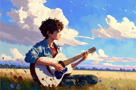 Child sitting in the meadow with the gui... | Premium Photo #Freepik #photo #cute-boy #playing-music #boy #playing-guitar Boy Playing Guitar Drawing, Anime Playing Guitar, Anime With Guitar, Music Boy Aesthetic, Someone Playing Guitar, Cartoon Art Boy, Guitarist Illustration, Playing Guitar Aesthetic, Playing Guitar Drawing