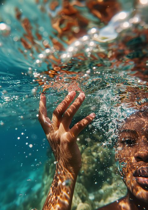 Underwater View of Reaching Hand Person Underwater Photography, Hand Reaching Out Of Water, Half Underwater Photography, Underwater Photography Women, Half Underwater, Reaching Hand, Pool Underwater, Deep Work, Inspirational Digital Art