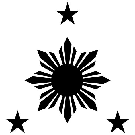 Officially taken from the flag of the Philippines the stars represent the three island groups and again the sun represent rebirth.  Equally, the three stars and sun tattoo is a great symbol of the cultural pride. Philippines Sun And Stars Tattoo, Made In The Philippines Tattoo, Pilipinas Tattoo Design, 3stars And A Sun Tattoo, Three Stars And A Sun Tattoo Philippines, Philippines Star Tattoo, Filipino Flag Tattoo Design, Philippine Sun Tattoo Design, Three Stars And A Sun Tattoo