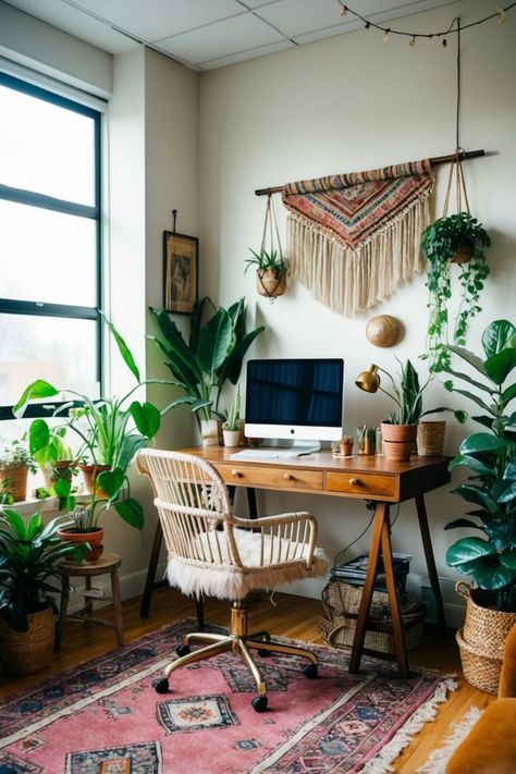 Explore 22 cozy boho office ideas. Perfect for creating a stylish and creative workspace, inviting textures, and unique decor that'll spruce up your home office. Boho Therapy Office Decor, Bohemian Office Ideas, Cozy Boho Office, Boho Office Ideas, Cozy Therapy Office, Boho Office Space Workspaces, Cozy Craftsman, Bohemian Home Office, Eclectic Office