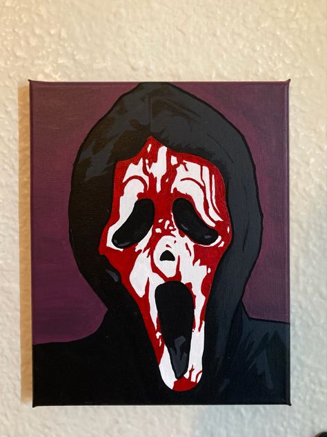 Scream Movie Painting, Ghost Face Canvas Painting, Ghostface Painting Canvas, Ghost Face Painting Canvas, Scream Canvas Painting, Scream Painting Aesthetic, Scary Paintings Easy, Ghostface Painting, Ghost Face Painting