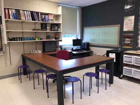 L Shape Teacher Desk, Teacher Desk Small Group, Classroom Without Teacher Desk, Teachers Desk Area, Classroom Tables Instead Of Desks, No Desk Classroom, Teacher Desk Alternative Ideas, Classroom Cabinet Makeover, Desk Setup Classroom