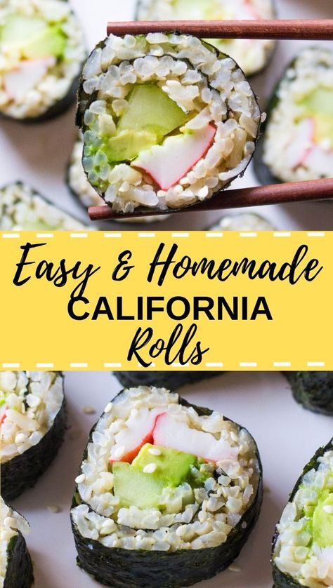 These homemade California Rolls are super easy to make! Making sushi at home is simple and delicious! Homemade California Rolls, California Roll Recipe, California Roll Recipes, Making Sushi At Home, Homemade Sushi Rolls, Crab Sushi, California Roll Sushi, Making Sushi, Sushi Recipes Homemade