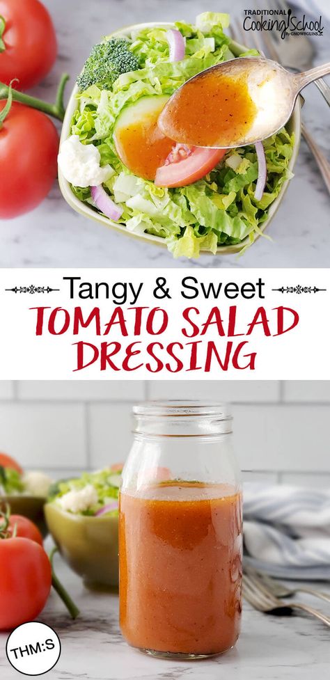 Wonderfully tangy, barely sweetened with raw honey, this easy tomato salad dressing is perfect drizzled over fresh greens, mixed into pasta salad, or used as a marinade for steak or chicken! Nothing mixes together more quickly than a homemade vinaigrette! Enjoy! #healthy #recipes #tomato #saladdressing #vinaigrette Tomato Basil Vinaigrette Dressing, Red Salad Dressing, Tomato Based Salad Dressing, Tangy Tomato Salad Dressing, Tomato Basil Salad Dressing, Sundried Tomato Vinaigrette Recipe, Thm Salad Dressing Recipes, Outback Tangy Tomato Dressing Recipe, Mexican Salad Dressing Recipes