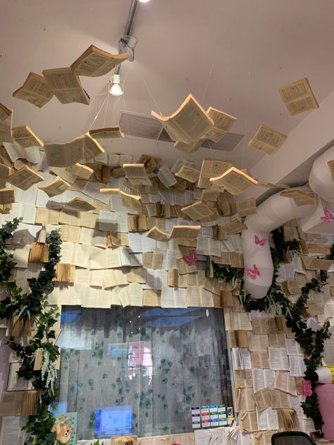 Flying Books Display, Book Window Display, Library Windows, Hanging Books, Magical Bookstore, Library Vibes, Graduation Display, School Backdrop, Theatre Backdrops