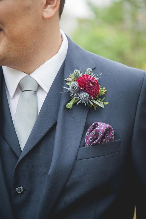 Bethany & Adam's Alpine Ski Club Wedding | Boutonniere | Groom | Navy | Red | Floral | Purple | Silk | Wedding Attire | Suit | Tuxedo | Tux | Husband to Be | Hubby To Be Blue Mountain Wedding, Homecoming Flowers, Navy Groom, Husband To Be, Alpine Ski, Suit Tuxedo, 15 April, Wedding Boutonniere, Ski Club