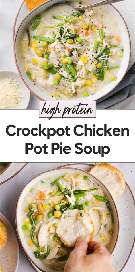 This chicken pot pie soup recipe is creamy, nourishing, and perfect for the crockpot. Filled with veggies and high protein, it’s a quick and easy one pot meal. Serve this healthy chicken pot pie soup with biscuits for a cozy dinner. Try this chicken pot pie soup recipe today! Soup With Biscuits, Crockpot Chicken Pot Pie Soup, Healthy Chicken Pot Pie Soup, Protein Soup Recipes, Chicken Pot Pie Soup Recipe, Pot Pie Soup Recipe, Crockpot Chicken Pot Pie, Healthy Chicken Pot Pie, Protein Soups