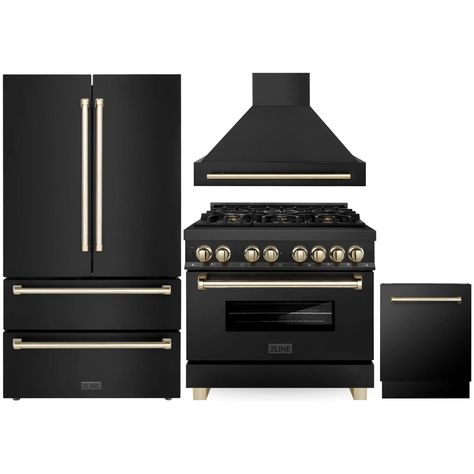 ZLINE 36 4 Piece Black Range, Range Hood, Dishwasher & Refrigerator - America Best Appliances Zline Autograph Edition, Refrigerator Wall, Black Range, Black Appliances, Dual Fuel Ranges, Wall Mount Range Hood, Appliance Packages, Gold Kitchen, Champagne Bronze