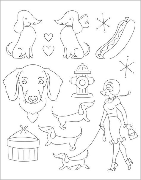 Arte Dachshund, Embroidery Dog, Dog Patterns, Dachshund Pattern, Dachshund Art, Embroidery Transfers, Embroidery Patterns Vintage, Dog Party, Puppy Party