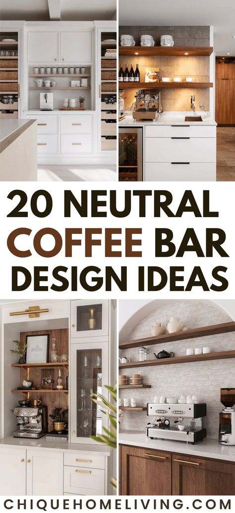 Discover the beauty of simplicity with our collection of 20 Neutral Coffee Bar Design Ideas! ☕🌿 Embrace the elegance of neutrals in your at-home coffee haven, from serene whites to warm greys and natural tones. These designs showcase the power of understated sophistication, combining functionality with a touch of minimalist charm. Explore stylish layouts, clever storage solutions, and chic decor that create a cozy and inviting coffee corner. #NeutralCoffeeBar Kitchen Design With Coffee Bar, Kitchen Bar And Coffee Station, Coffee Nook Backsplash, Coffebar In Kitchen, Kitchens With Coffee Stations, Coffee Dry Bar, Coffee Section Kitchen, Coffee Bar Design Home Kitchen, Pantry Coffee Bar Ideas