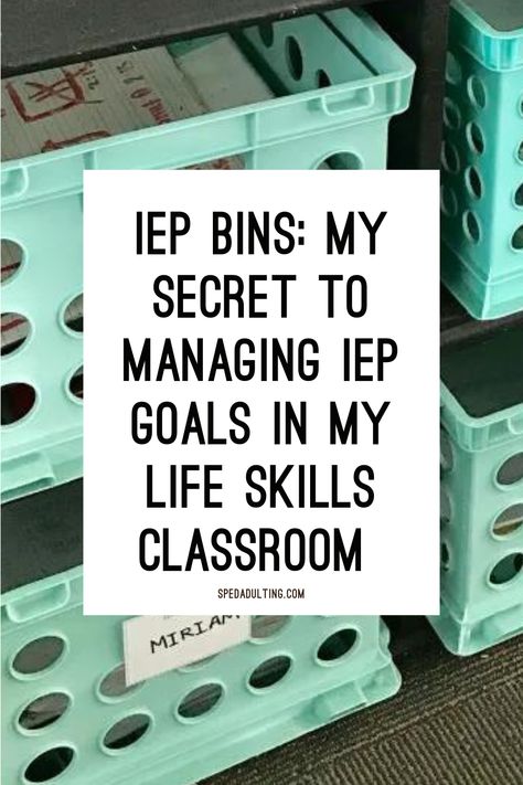 Iep Binder Organization, Tracking Iep Goals, Special Education Must Haves, Middle School Classroom Decorating Ideas Special Education, Student Work Organization, Asd Classroom Setup, Special Education Classroom Must Haves, Iep Goal Bins, Special Needs Classroom Setup